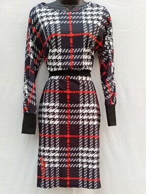 Black & White Plaid Pencil Dress with Red Accent